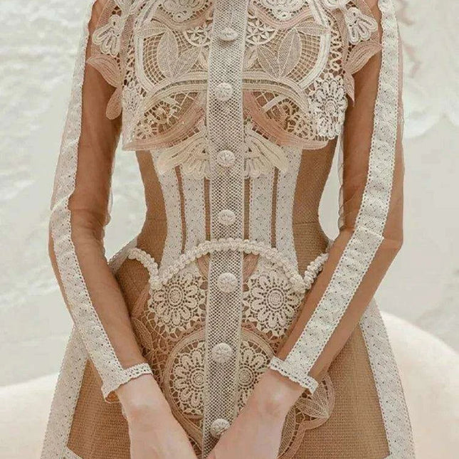 Elegant Vintage Lace Patchwork Runway Dress with Mesh Sleeves for Women