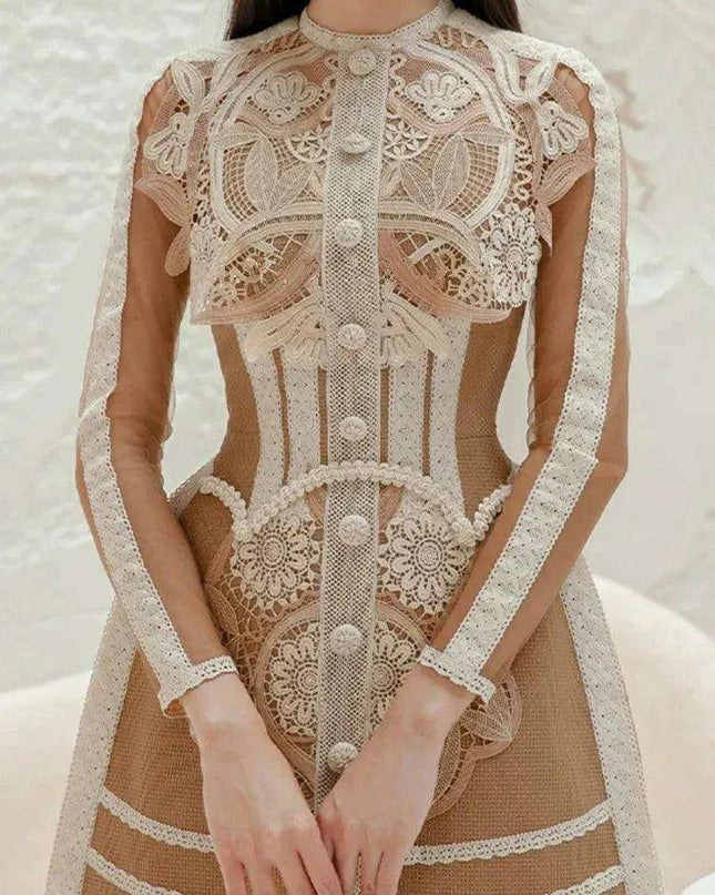 Elegant Vintage Lace Patchwork Runway Dress with Mesh Sleeves for Women