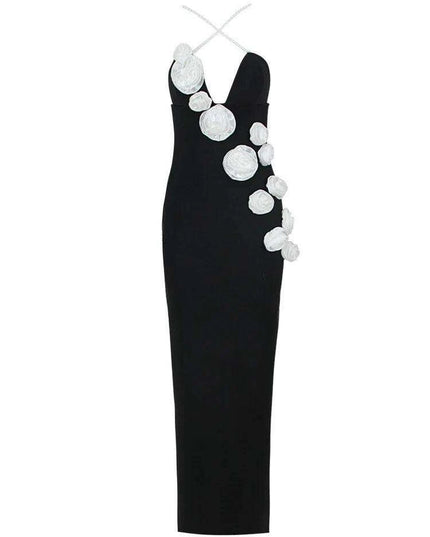 Elegant Contrast Pearl Slip Dress with 3D Floral Back Split for Women's Summer Evening Events - 2024 Collection