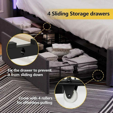 Contemporary LED Full Size Bed Frame with Built-in Storage, USB Ports, RGB Lighting, Customizable Headboard, and Music Sync Features