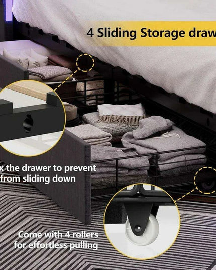 Contemporary LED Full Size Bed Frame with Built-in Storage, USB Ports, RGB Lighting, Customizable Headboard, and Music Sync Features