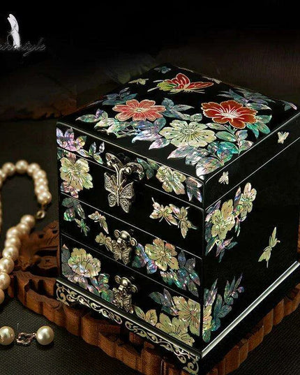 Handcrafted Mother-of-Pearl Jewelry Box with Enchanting Butterfly and Peony Design - Ideal for Storing Bangles and Keepsakes