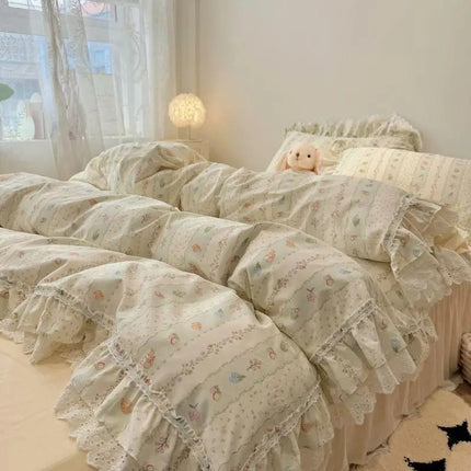 Vintage Floral Cotton Bedding Set - 100% Cotton Ruffle Edge Duvet Cover Set