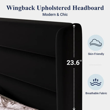 Queen Upholstered Platform Bed Frame with Wingback Headboard, No Box Spring Needed, Under Bed Storage, Easy Assembly, Black queen-upholstered-platform-bed-frame-with-wingback-headboard-no-box-spring-needed-under-bed-storage-easy-assembly-black