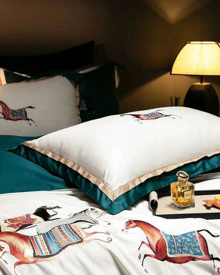 Elegant Galloping Horse Embroidered Egyptian Cotton Bedding Set in White and Orange - Complete Duvet Cover, Bed Sheet, and Pillowcase Collection