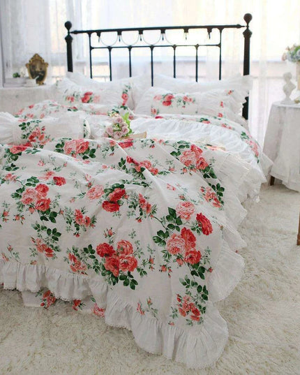 Korean Elegance Red Rose Floral Bedding Collection