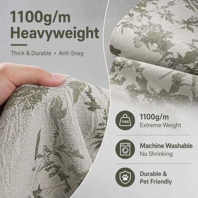 Luxury Green Leaf Jacquard Blackout Curtains — Heavyweight Custom Size, Botanical Window Drapes