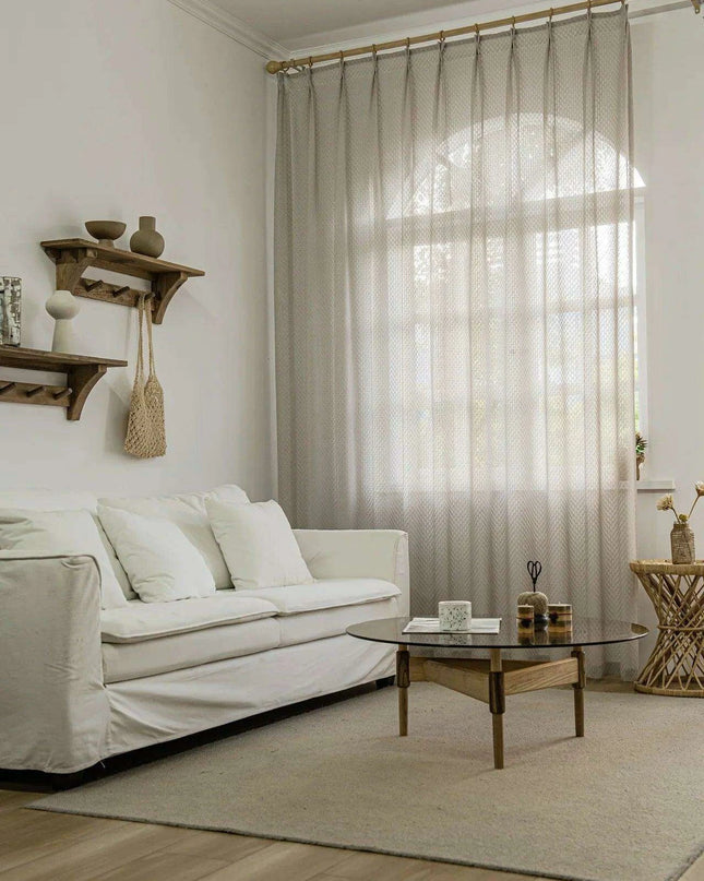 Beige Bohemian Cotton Linen Window Treatments with Grey Tulle