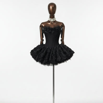 3D Floral Tulle Corset Dress — Strapless Puffy Fit & Flare in Red, Black & Beige