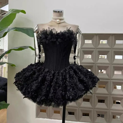 3D Floral Tulle Corset Dress — Strapless Puffy Fit & Flare in Red, Black & Beige