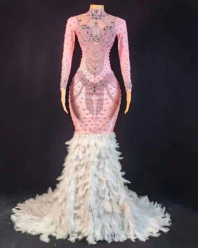 Chic Pink Trumpet Dress with Feather Details for Women Performers