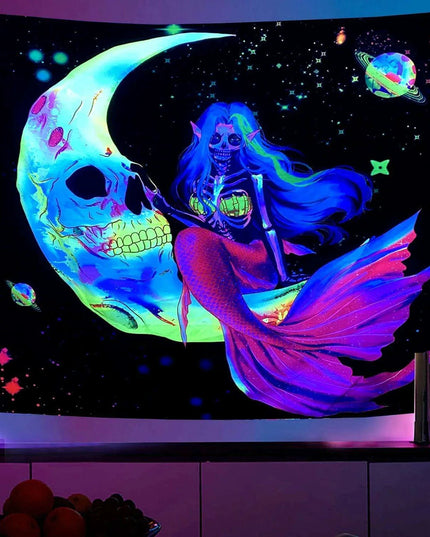 Neon Skull Tapestry Set - Eye-Catching UV Reactive Halloween Decor for Your Home