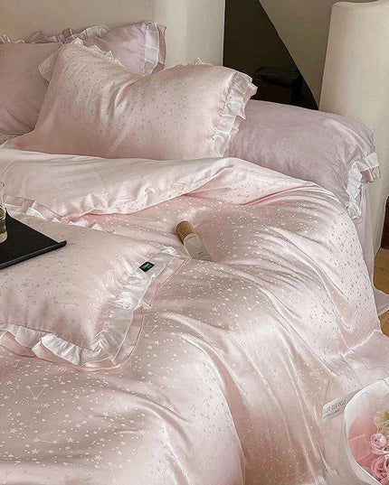 Luxurious Blush Lyocell Silky Princess Bedding Ensemble with Jacquard Ruffles - Duvet Cover, Flat Sheet, Fitted Sheet, and Pillowcases