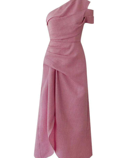 Asymmetrical Evening Dress with Diagonal Collar and Pleated Waist