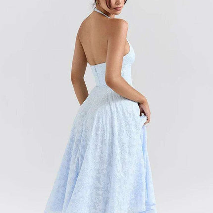 Elegant Backless A-line Evening Gown with Deep V Neck Halter Design for Women