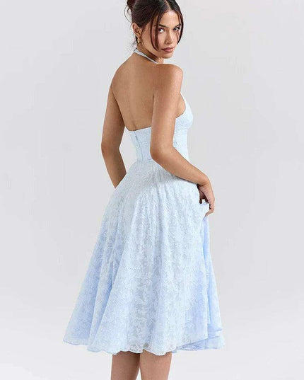 Elegant Backless A-line Evening Gown with Deep V Neck Halter Design for Women