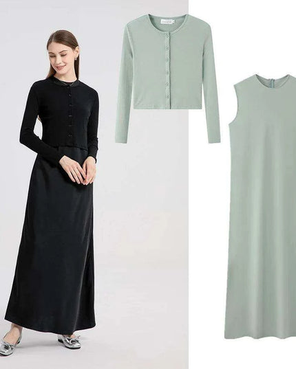 High-Stretch Ribbed Wrap Top & Matte Satin Maxi Dress Ensemble for Women