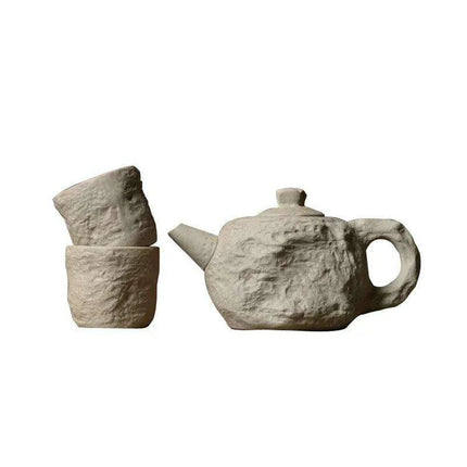 Artisanal Rustic Ceramic Teapot and Teacup Set with Hard Stone Finish