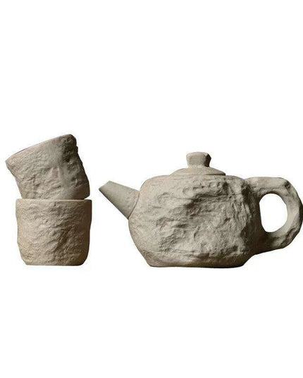 Artisanal Rustic Ceramic Teapot and Teacup Set with Hard Stone Finish