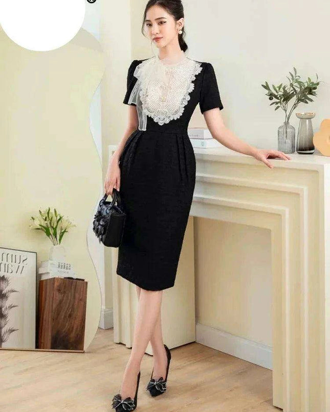 Elegant Embroidered Lace Dress with Stylish Ribbon Accents