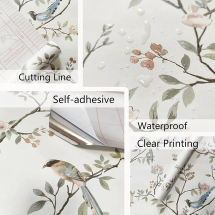 Floral Birds Peel and Stick Wallpaper — Removable, Waterproof, 44cm Wide
