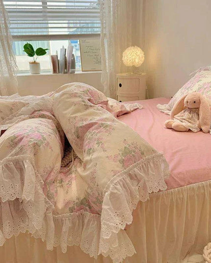 Elegant Floral Lace Ruffled Cotton Bedding Collection with Duvet Cover, Bed Skirt, Fitted Sheet, and Pillowcases