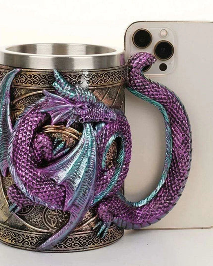 Dragon Resin Stainless Steel Beer Mug - Hand Painted Gothic Viking Skull Wine Goblet