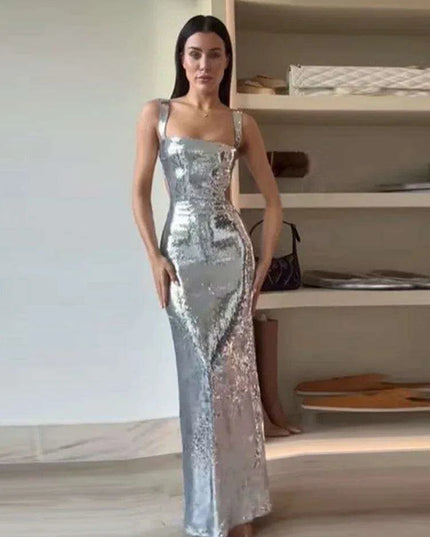Elegant Silver Backless Maxi Gown - Chic Evening Event Wear