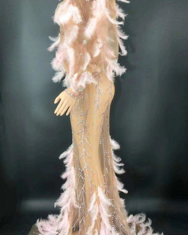 Glamorous Pink Diamond Feathered Mermaid Evening Dress