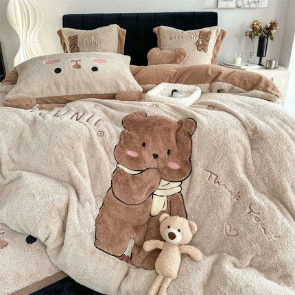 Charming Cartoon Bear Velvet Fleece Bedding Set for Kids - Duvet Cover, Sheet & Pillowcase in Various Sizes