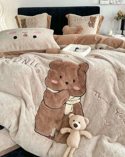 Charming Cartoon Bear Velvet Fleece Bedding Set for Kids - Duvet Cover, Sheet & Pillowcase in Various Sizes