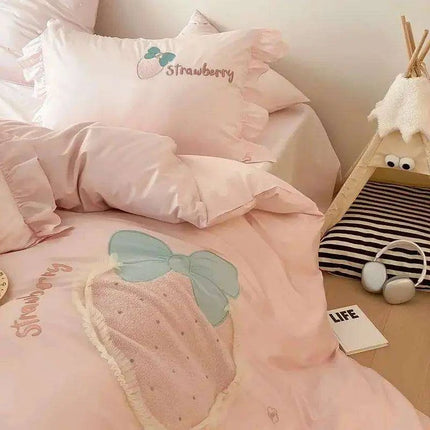 Charming Pink 1000TC Egyptian Cotton Strawberry Embroidery Bedding Set with Duvet Cover, Bed Sheet, and Pillowcases - Available in 4/5 Piece Variants
