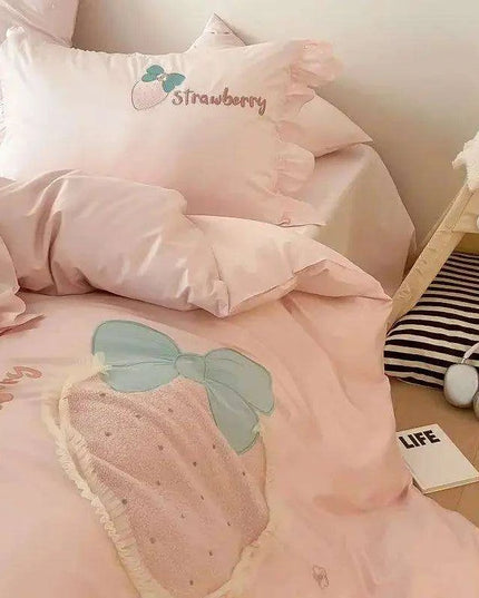 Charming Pink 1000TC Egyptian Cotton Strawberry Embroidery Bedding Set with Duvet Cover, Bed Sheet, and Pillowcases - Available in 4/5 Piece Variants