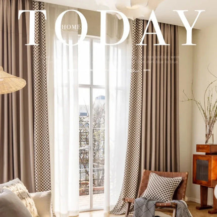 Customized French Retro Checkerboard Jacquard Curtain For Living Room Bay Window
