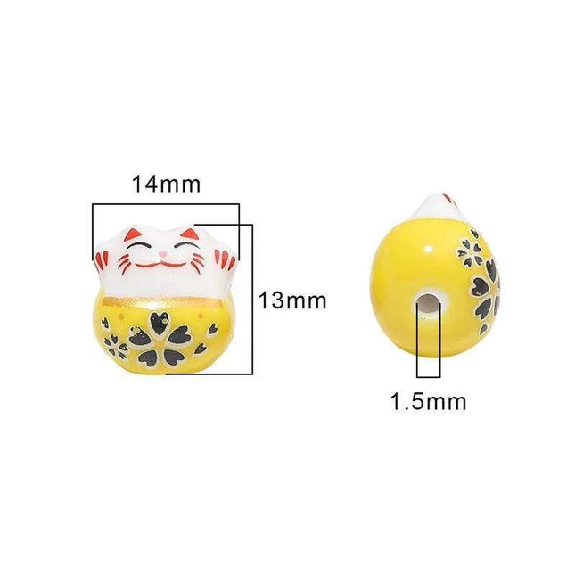 Set of 2 Artisan 14mm Ceramic Lucky Cat Charms for Creative Jewelry Designs