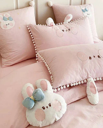 Charming Pink Cartoon Rabbit & Moon Embroidered 100% Cotton Girls Bedding Set with Whimsical Ball Edges - Duvet Cover, Sheet & Pillowcases