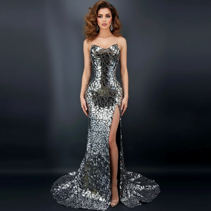 Radiant Silver Formal Gown with Elegant Mesh Accents and Flowing Train