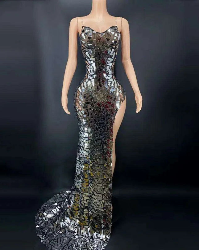 Glistening Silver Sleeveless Floor-Length Gown with Exquisite Train