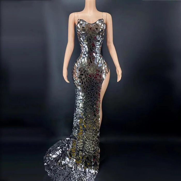 Elegant Silver Mirror Evening Dress with Sleeveless Design and Statement Train