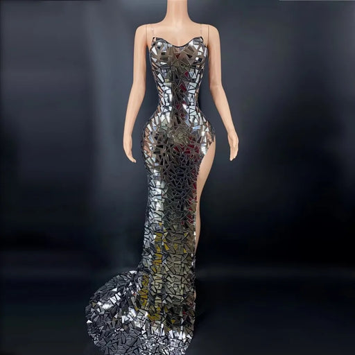 Silver Glittering Evening Gown with Striking Train
