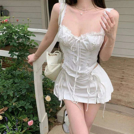 Chic Vintage Korean A-Line Skirt and Backless Camisole Women's Two-Piece Set