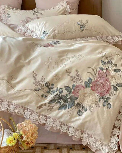 Luxurious Vintage French Floral Embroidered 1000TC Egyptian Cotton Bedding Collection with Ruffles - Duvet Cover, Bed Sheet & Pillowcases (4 Pieces)