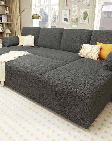Elegant 110" Grey Linen Sofa Bed with Dual Chaise Storage Solutions