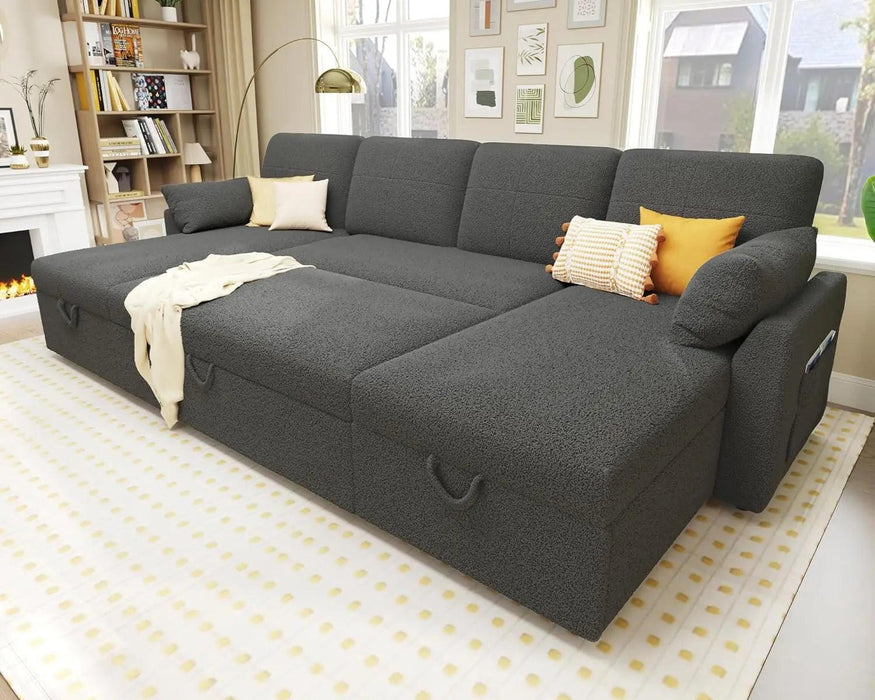Elegant 110" Grey Linen Sofa Bed with Dual Chaise Storage Solutions