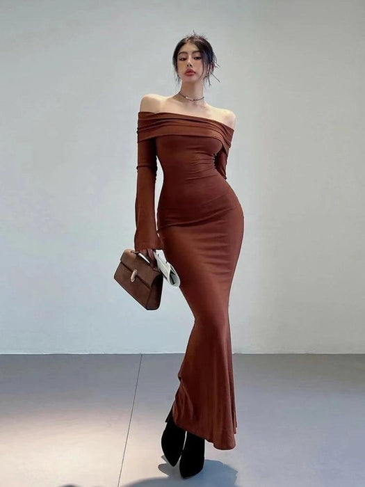 Chic Winter Elegance: Off-Shoulder Korean Maxi Dress in Black