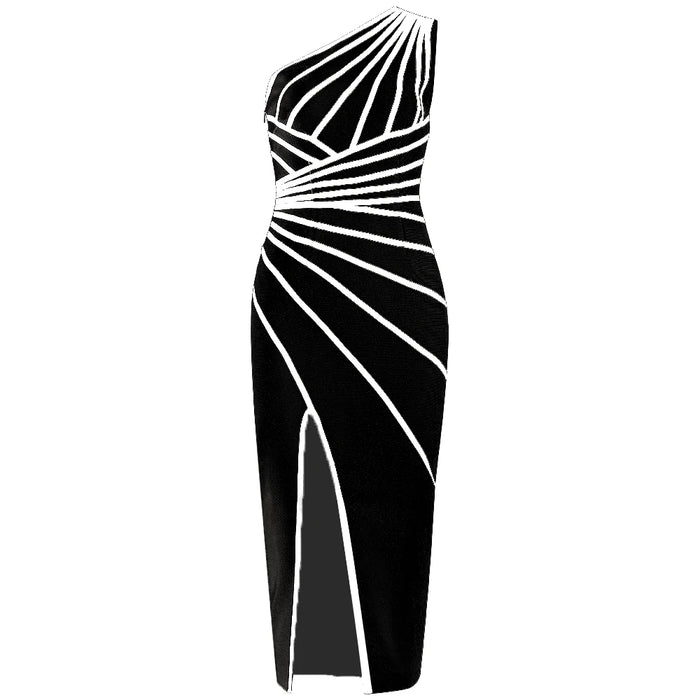 High Street Chic: Elegant One-Shoulder Striped Bandage Dress for Nightlife Glam