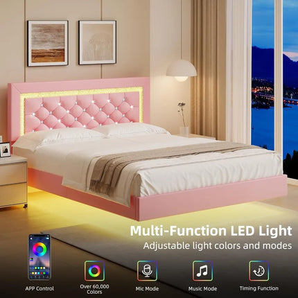 Full Floating Bed Frame with LED Lights, Pink Upholstered Diamond Headboard, No Box Spring Needed, Noise Free, Easy Assembly full-floating-bed-frame-with-led-lights-pink-upholstered-diamond-headboard-no-box-spring-needed-noise-free-easy-assembly
