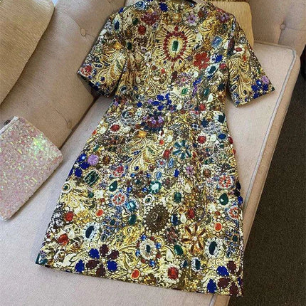 Elegant Vintage-Inspired Rhinestone Embellished Above Knee Dress