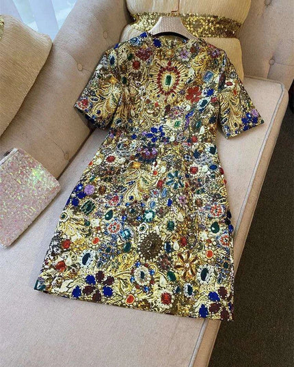 Elegant Vintage-Inspired Rhinestone Embellished Above Knee Dress