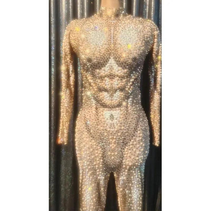 Glamorous Night Out: Men's Rhinestone and Pearl Jumpsuit for Unforgettable Style